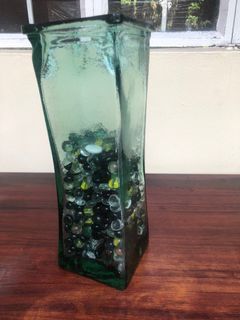 Vintage Big 14 inches Thick Green Glass Vase with glass pebbles marbles
