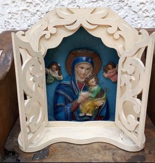 Vintage Our Lady of Perpetual Help Virgin Mary Christian Catholic Religious Image Icon Antique  Intricate Wood Case