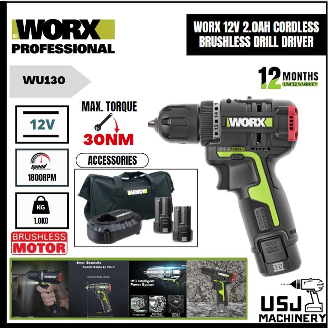 WORX 12V 2.0Ah Max Lithium Ion Cordless 10MM Brushless Drill