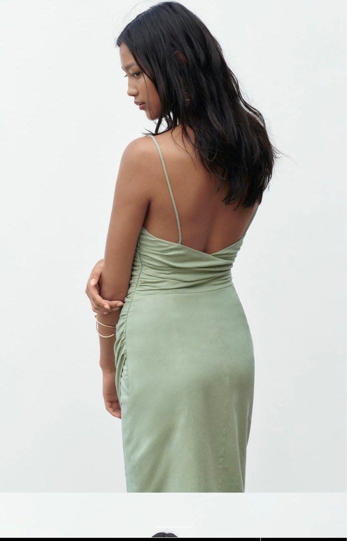 zara gathered satin dress Gathered Linen Blend Dress Zara Teal Dress JOSEPH Gathered Linen And Cotton-blend Midi Dress THE