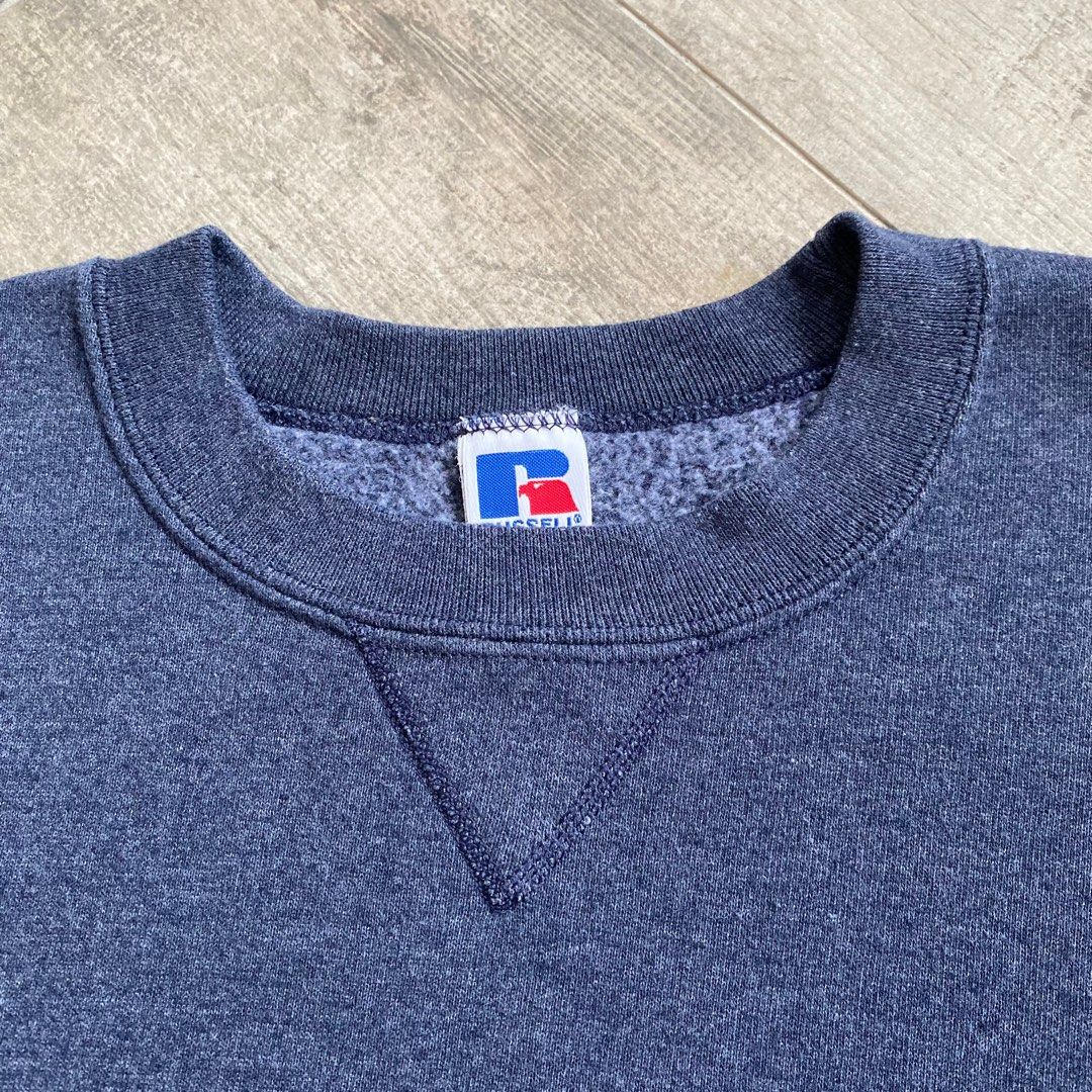 90 s RUSSELL VINTAGE SINGLE V CREW NECK SWEATSHIRT HEATHER NAVY BLUE HOODIE SWEATER USA CLASSIC