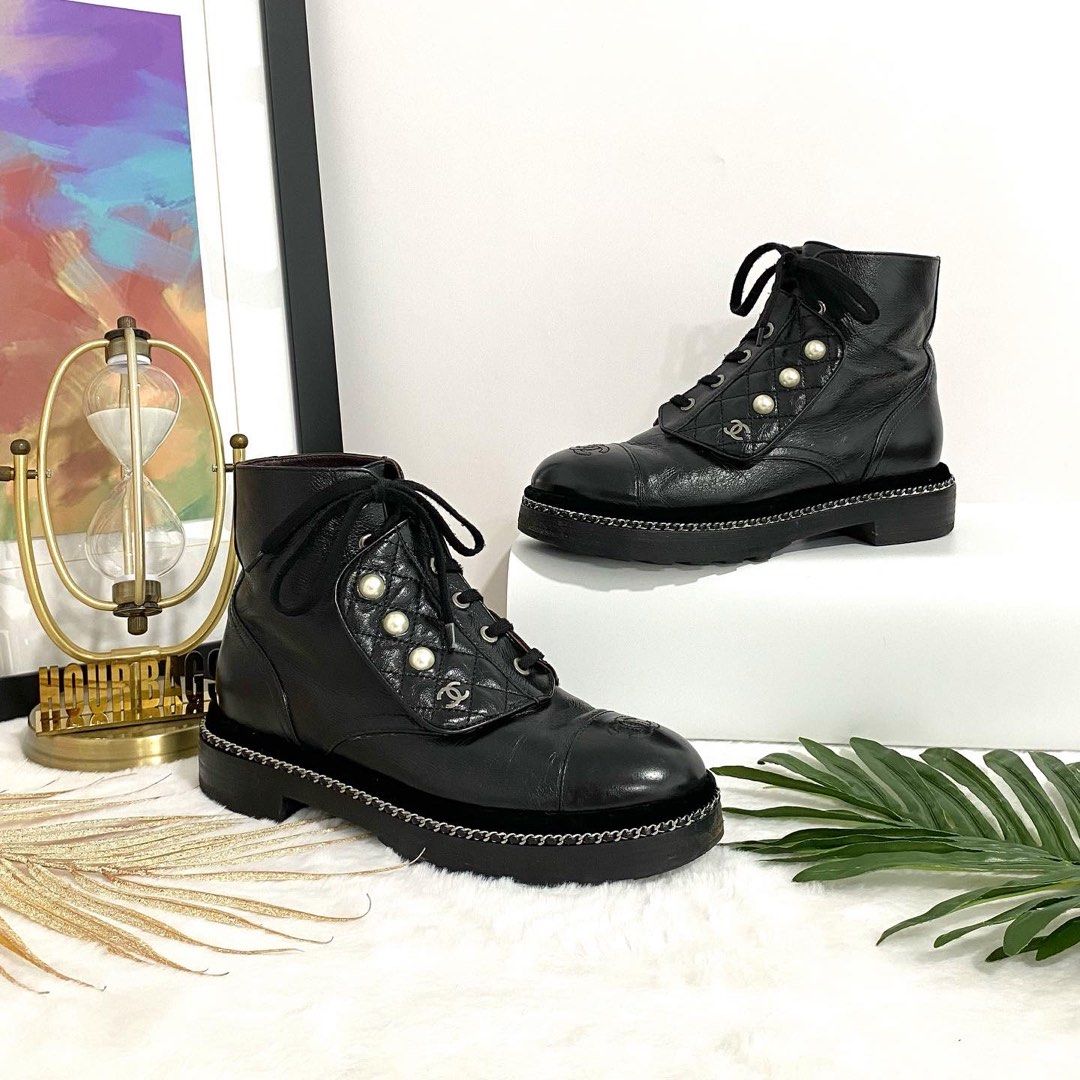 Chanel pearl discount combat boots