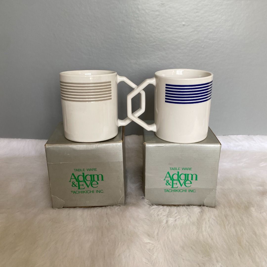 Adam & Eve Blue & Brown Striped Mugs, Furniture & Home Living, Kitchenware  & Tableware, Coffee & Tea Tableware on Carousell