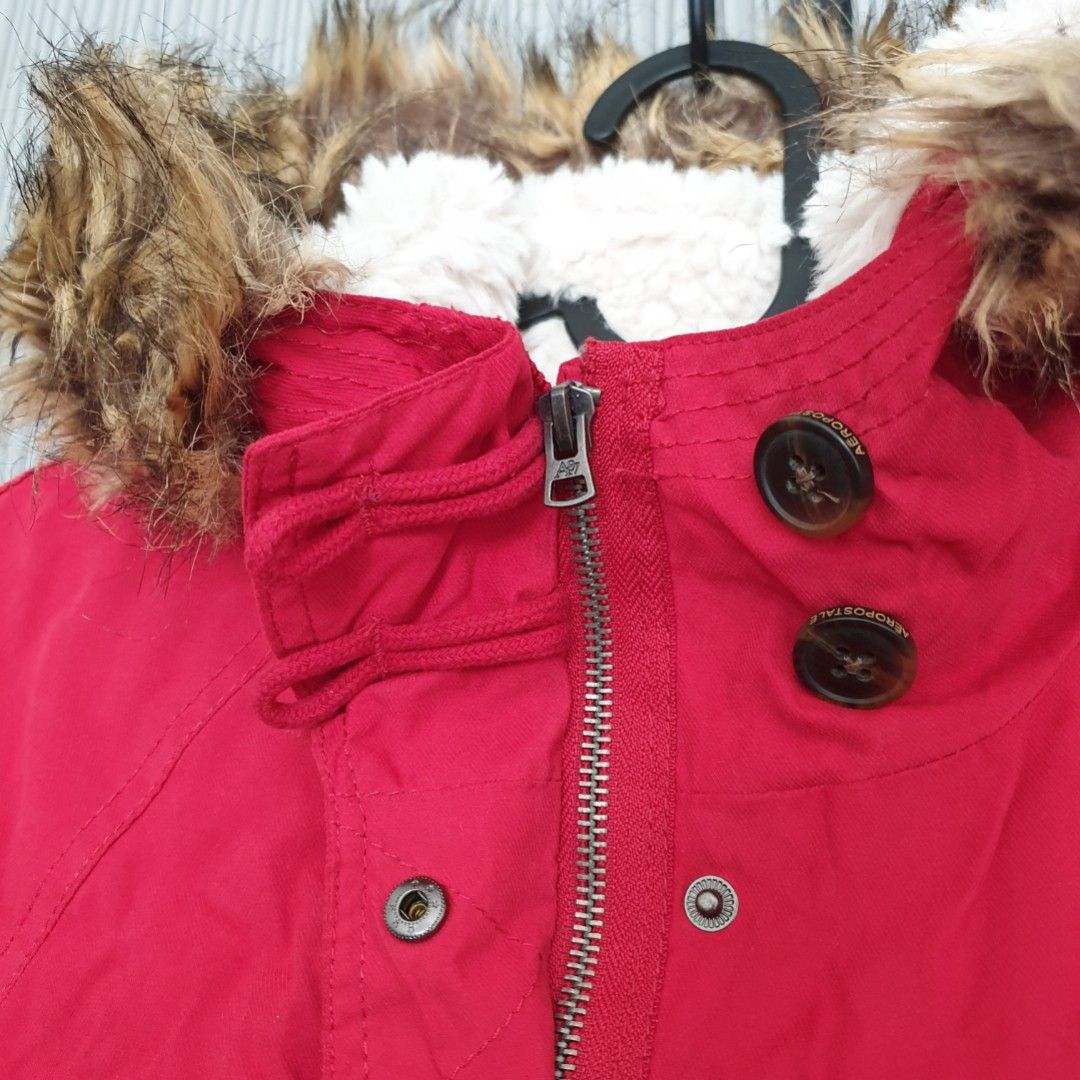 AEROPOSTALE Red Winter Fur Down Jacket Coat Parka Hoodie