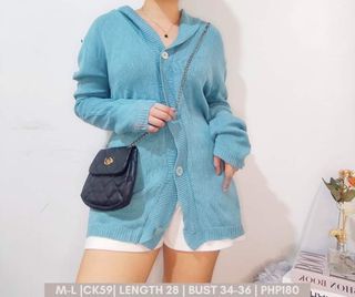 Blue knitted cardigan blazer buttoned longsleeves top blouse for women