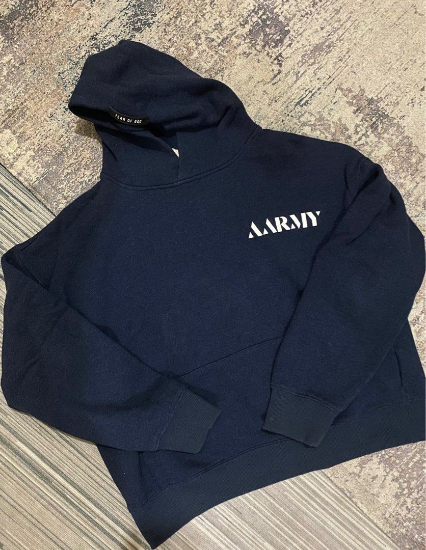FEAR OF GOD (FOG) Hoodie Oversize AARMY - Navy Blue, Fesyen Pria  