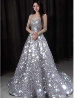 Elegant silver evening shop gowns