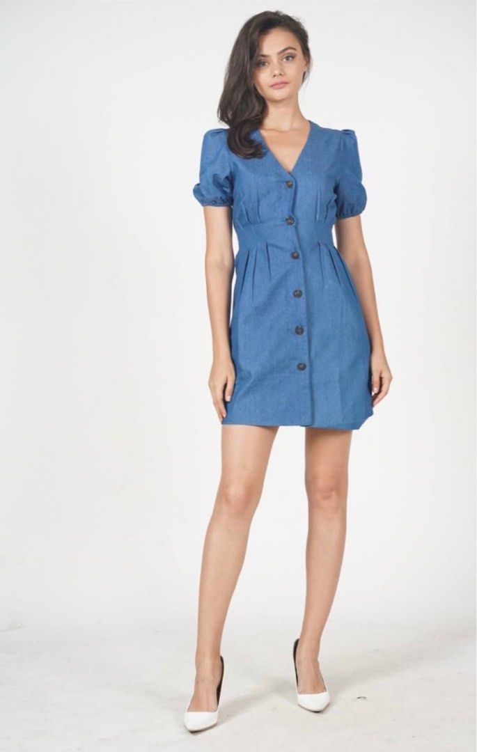 MDS Callie Button Down Dress Denim Blue Puff Sleeve A line