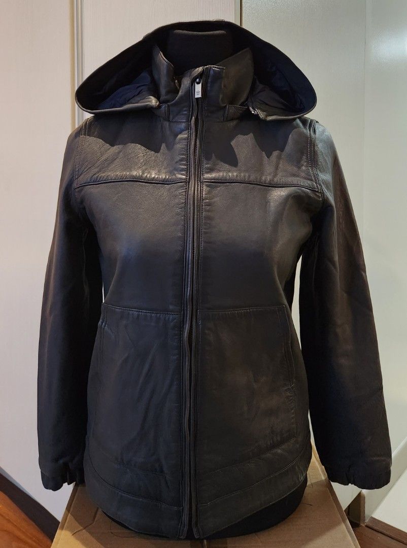 Mossimo Dutti Leather Jacket with Hoodie Women s Fashion Coats Jackets and Outerwear on Carousell