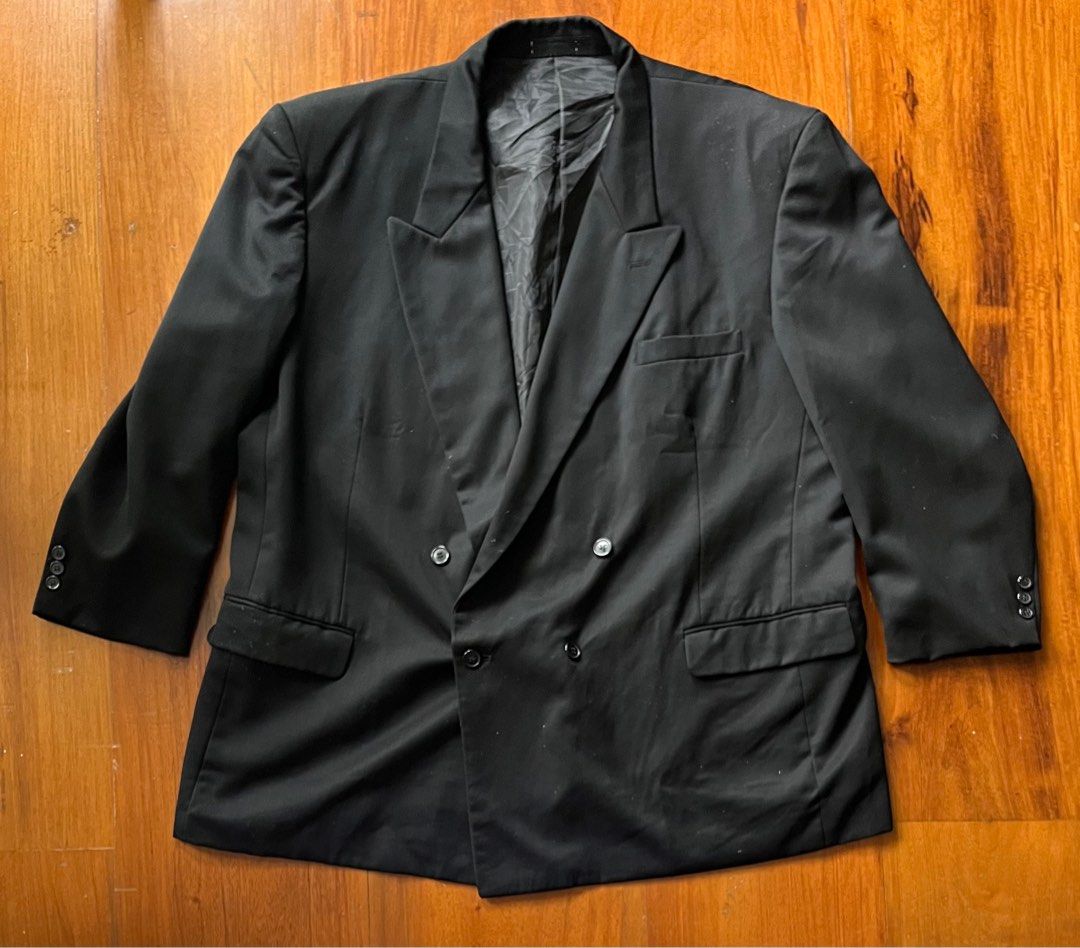 Oversized Black Double Breasted Blazer (Category: Coats, Jackets and Outerwear) located in Muntinlupa City. Submitted by _sbstnm (Listing ID 1283155827, Image 1). Description: Black double breasted 4 button wool dinner jacket in oversized boxy cut by Trieste Tag size: 52R Actual measurements (inches, laid flat) Width: 27 under bust; 26 across waist Length: 33 Sleeve: 24 Shoulder: 23 MOP: Gcash or BPI transfer only Shipping: Lalamove, GrabExpress,