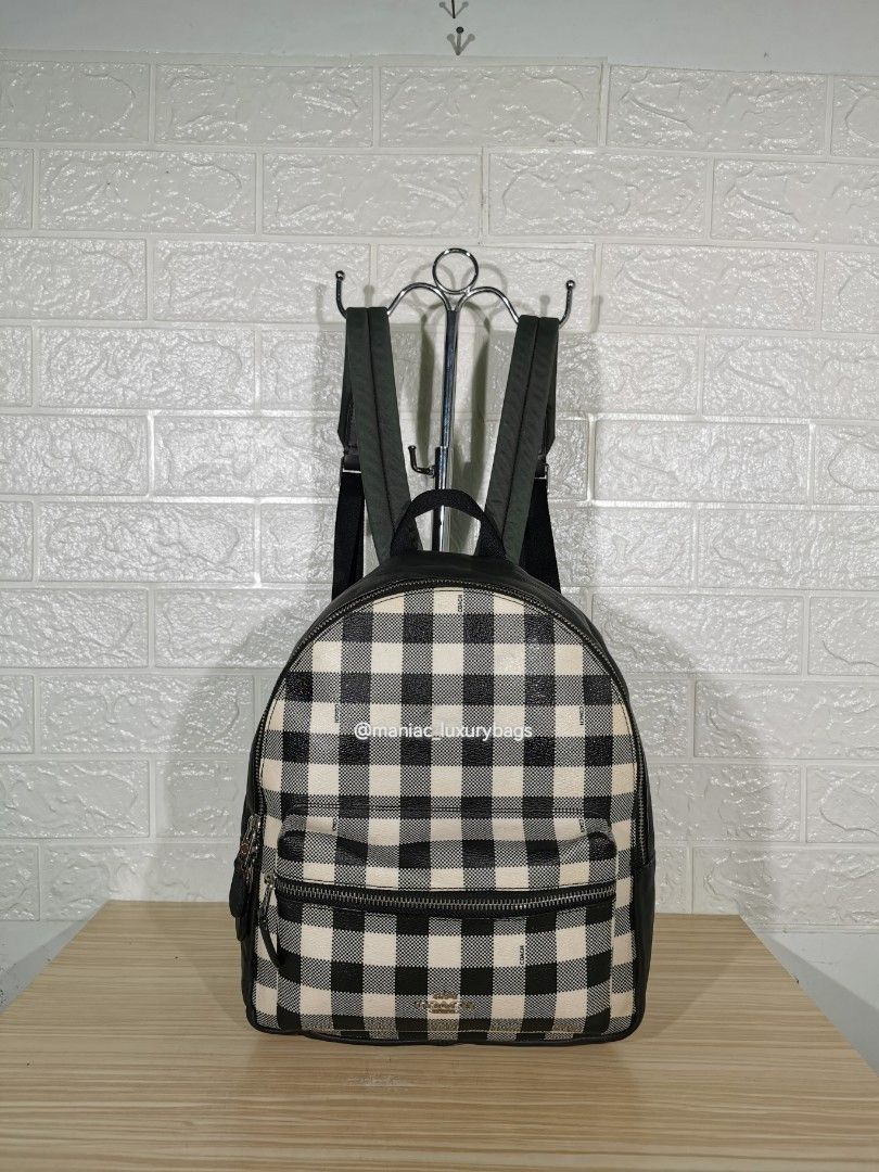 coach f38949 gingham medium charlie backpack in Grey Pebble Leather New Coach 38949 Medium Charlie Backpack Gingham print Coated Canvas Ruby multi This product data sheet is originally written in English Coach Medium Charlie Backpack With