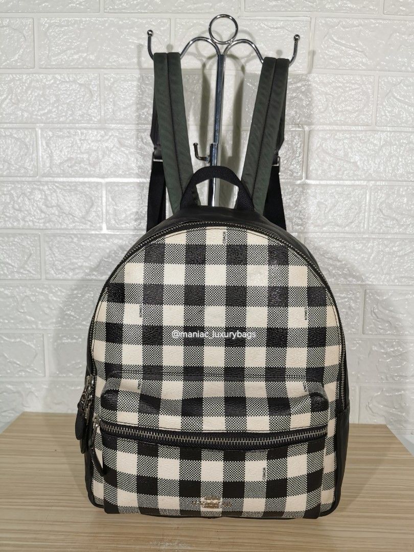 coach f38949 gingham medium charlie backpack black Front Pocket And Secure Zip Closure Leather Coach Medium Charlie Backpack