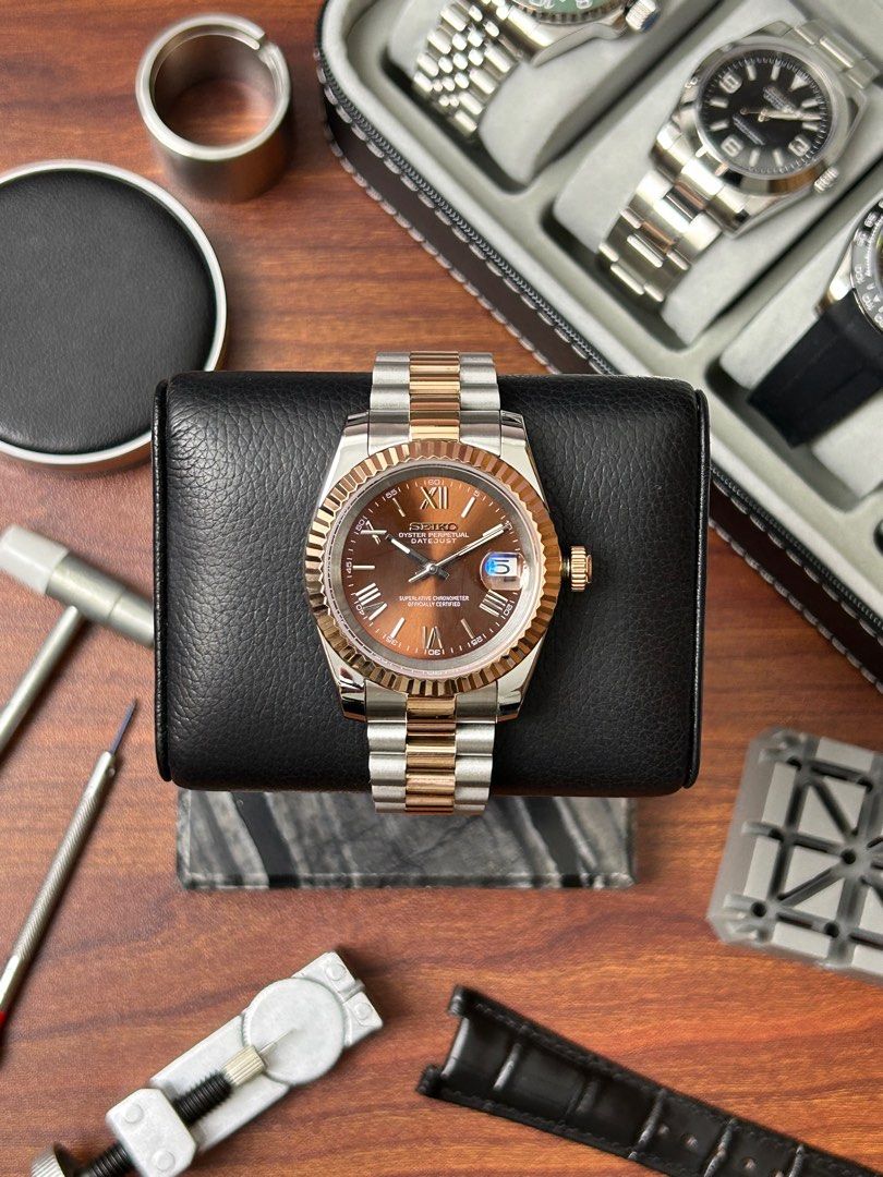 Mod Seiko Oyster Perpetual Datejust Two Tone Rose Gold Chocolate Dial 39mm