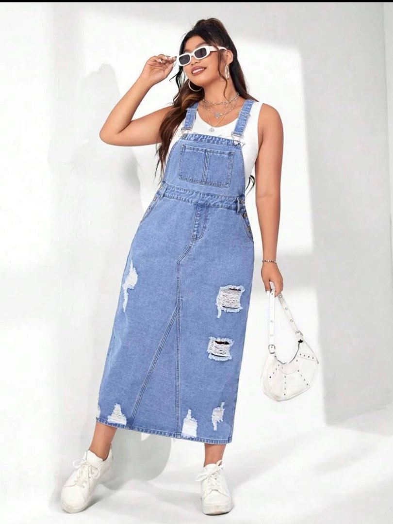 SHEIN EZwear Plus Ripped Slant Pocket Denim Overall Dress Without Tank Top,  Women's Fashion, Dresses & Sets, Dresses on Carousell