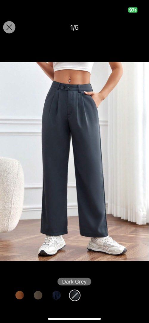 shein petite solid slant pocket straight leg pants, Women's Fashion,  Bottoms, Other Bottoms on Carousell