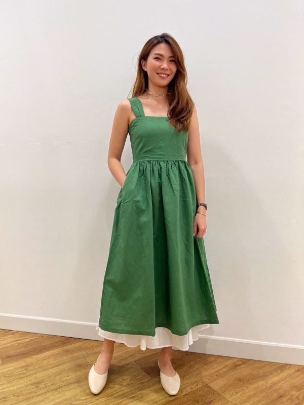 Uniqlo linen maxi shirring dress L green maternity CNY