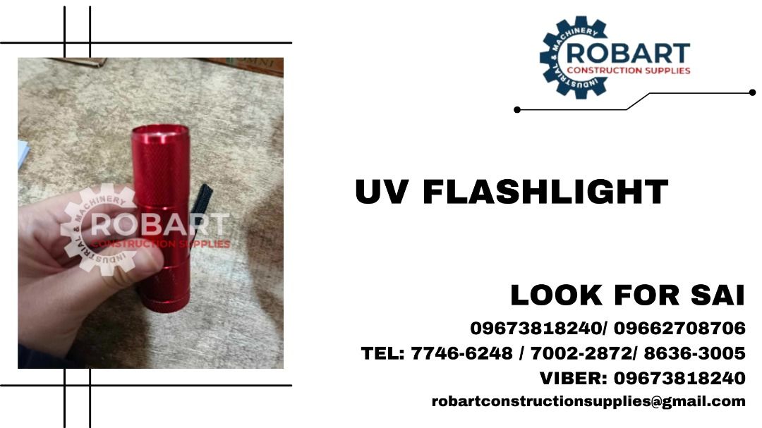 UV Flashlight (Category: Construction Tools & Equipment) located in Manila. Submitted by robartehm (Listing ID 1283196616, Image 1). Description: UV Flashlight Red Casing ROBART CONSTRUCTION SUPPLIES For inquiries: For FAST TRANSACTION: Sai Robart - 09673818240 / 09662708706 Vbr: Robart Sai - 09673818240 sairobart3@gmail. com Office Address: 1405 Yuseco St. Sta. Cruz Manila 7746-6248 , 7216-7605 ,7002-2872, 8-6363005 09351427044 09603947805 robar