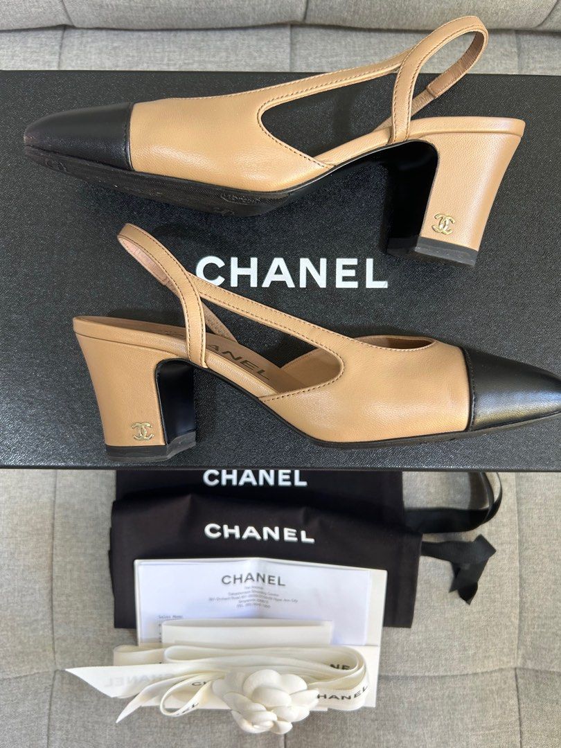 Chanel slingback hotsell beige and black