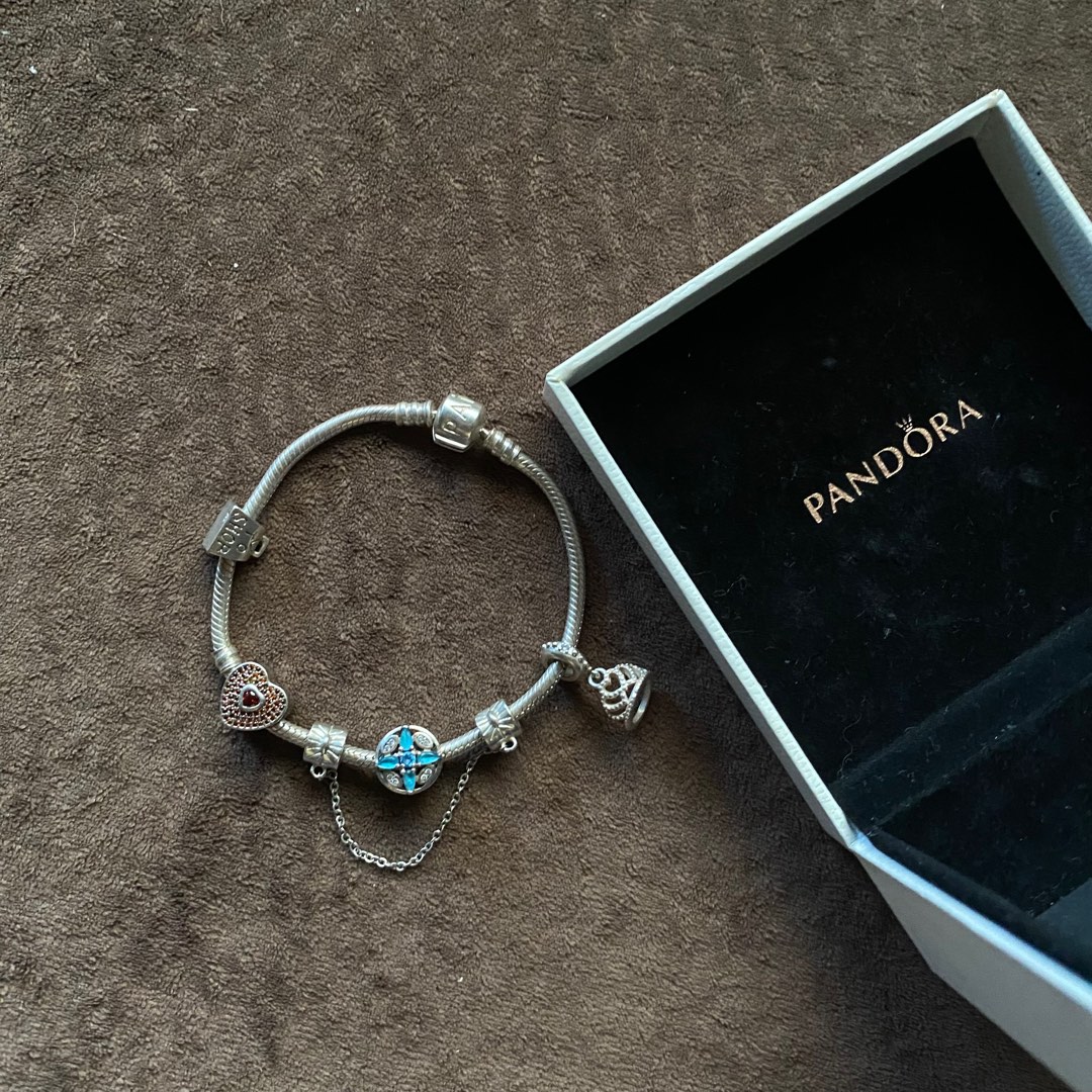 AUTHENTIC Pandora Snake Chain Bracelet Barrel Clasp with Charms, Women