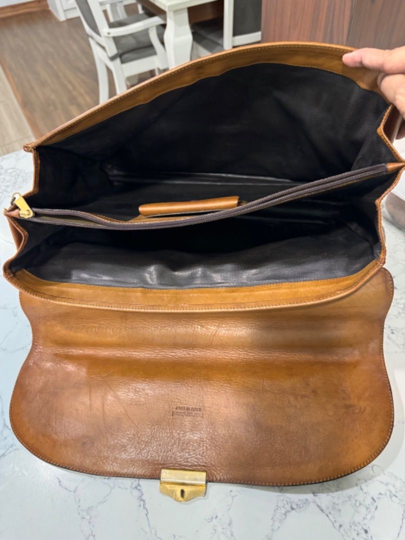 BARANTANI Brown Leather Snap Lock Breifcase Portfolio Business Bag, Men