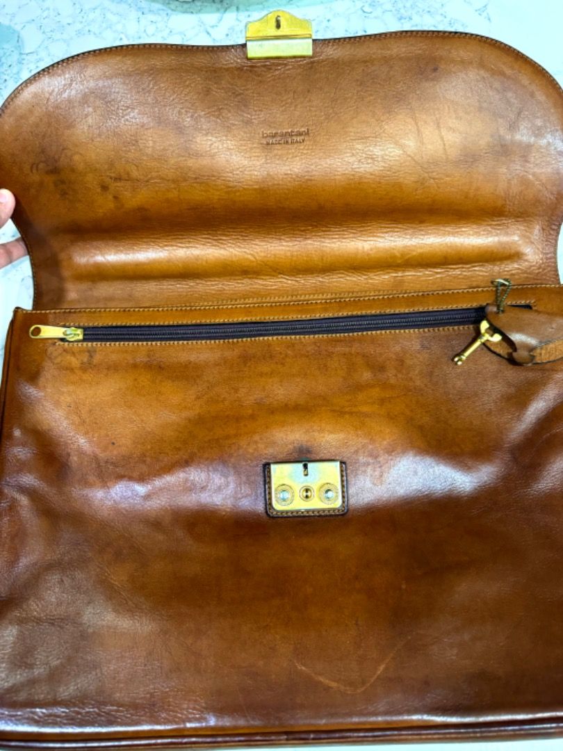 BARANTANI Brown Leather Snap Lock Breifcase Portfolio Business Bag, Men