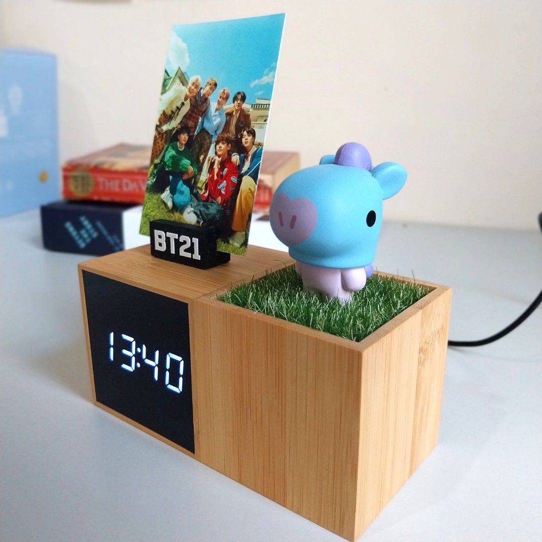 BT21 Cute Baby LED Digital Desk Clock MANG Royche Wooden Bamboo