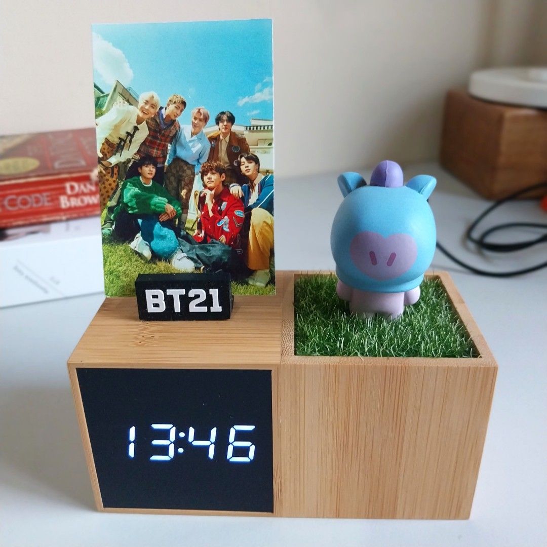 BT21 Cute Baby LED Digital Desk Clock MANG Royche Wooden Bamboo