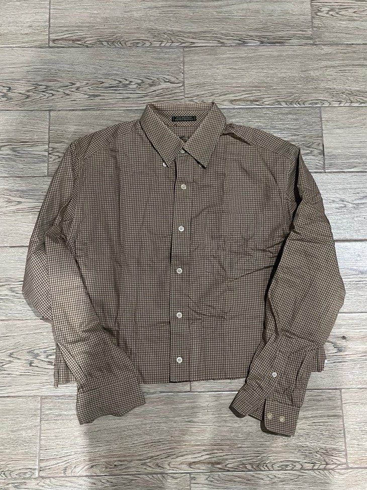 Cropped Light Brown Button Down Polo Shirt (Category: Formal Shirts) located in Quezon City. Submitted by lostboxph (Listing ID 1276560860, Image 1). Description: Length: 55cm Width: 56cm.