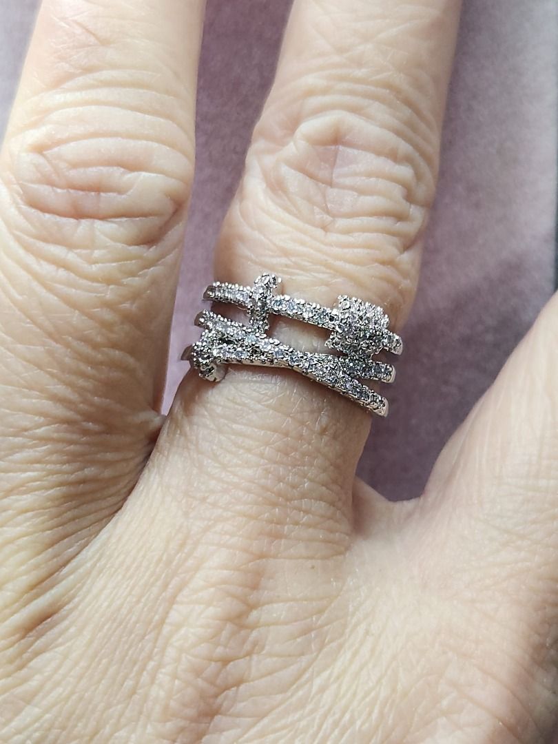Double line Design Sterling Silver Diamond Adjustable Ring R384