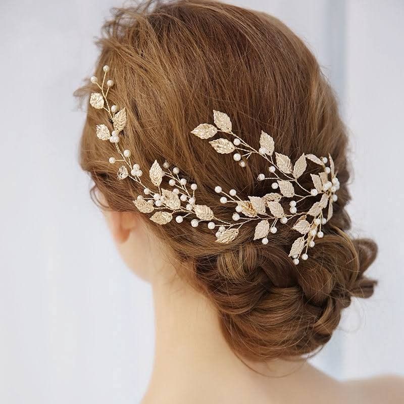 Hair Accessories golden leaves and pearls wedding hair decor