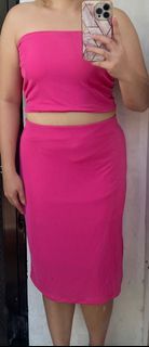 Hot Pink Solid Cropped Tube Midi Bodycon Skirt