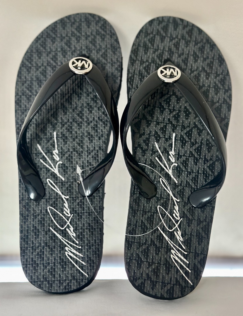 NEW MICHAEL KORS MK MINI JET SET BLACK SLIPPERS FLIP FLOPS SANDALS 7 37 SALE Women s Fashion Footwear Slippers and slides on Carousell