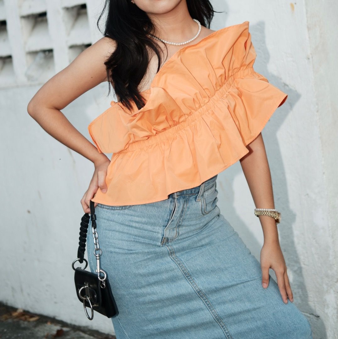Orange One Shoulder Ruffle Trim Asymmetrical Top Women s Fashion Tops Blouses on Carousell