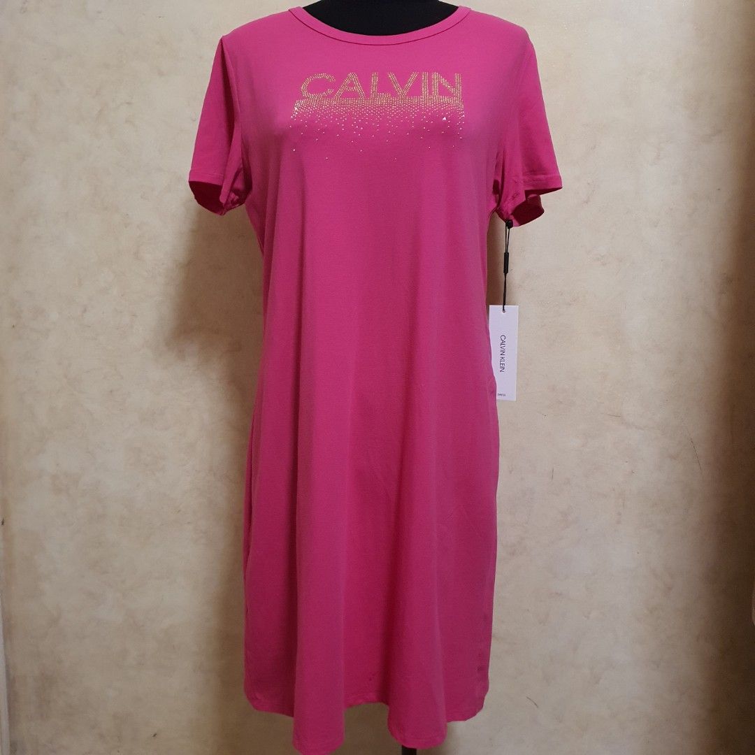 open lace back dress Calvin Klein Women's Dress Relaxed Short Sleeve Midi Logo T-Shirt Dress,  Watermelon, Small at Amazon Women's Clothing store