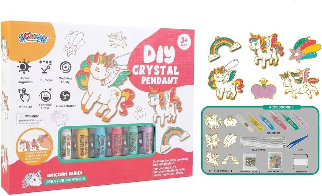 DIY Crystal Paint Arts and Crafts Set, Cartoon No-Baking Crystal Glue Paint  DIY Watercolor Paint Kit Color Pendant for Kid