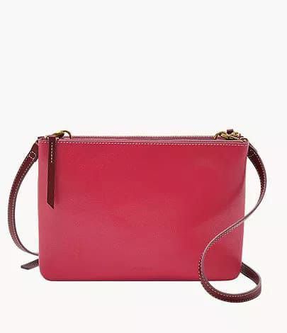 READY New Fossil Devon Crossbody Double Zipper Red, Barang Mewah