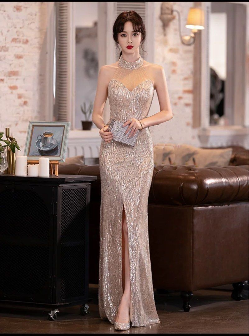 Gold sequin top fishtail dress