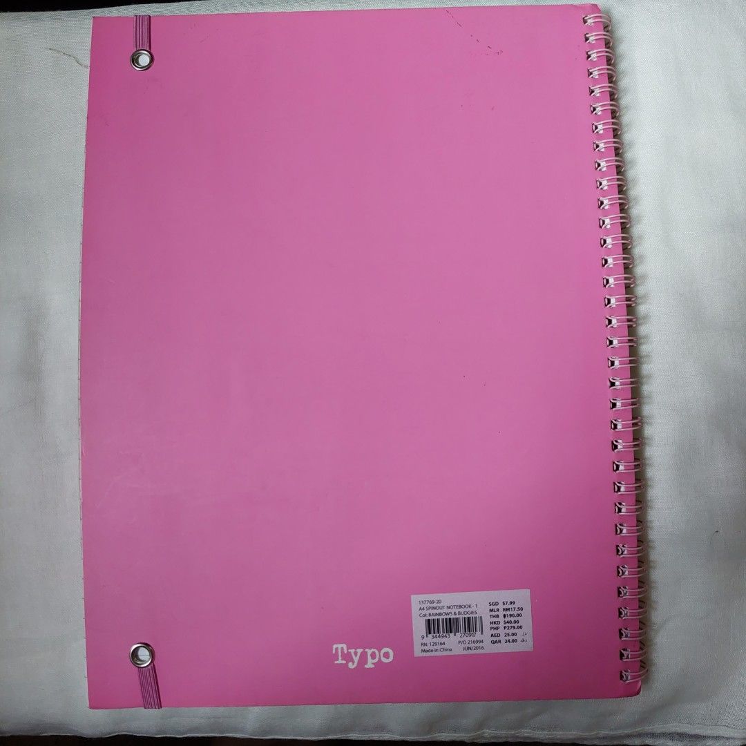 Typo Pink Notebook (Category: Stationery & School Supplies) located in Quezon City. Submitted by ches2021cxs (Listing ID 1276550542, Image 2). Description: B5 size, large composition notebook with strap MOP: Maya, BPI.