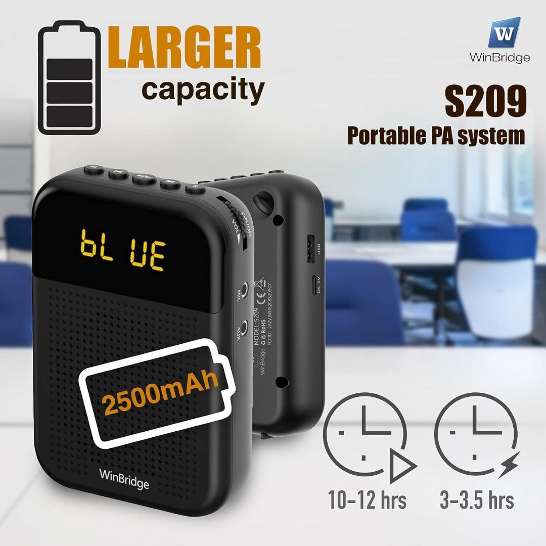 WinBridge Voice Amplifier Portable Speaker with Wired Microphone Headset 16W | 2500mAh Larger Capacity Mini Pa System Support Bluetooth | Record | Mute | LED Display for Teachers S209 APJC078263150002522243112