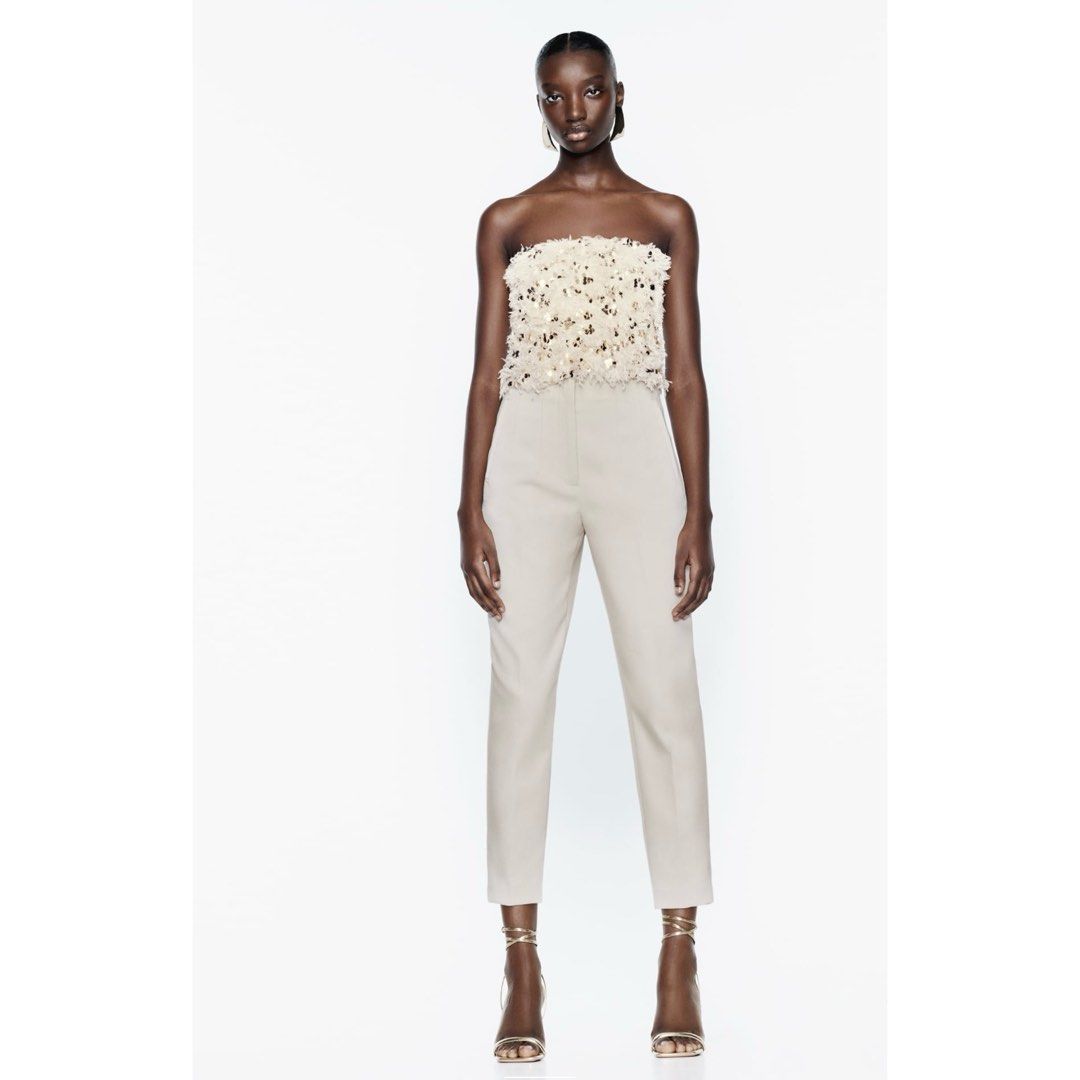 Zara High-Waist Trousers in Oyster White, Women's Fashion, Bottoms, Other  Bottoms on Carousell