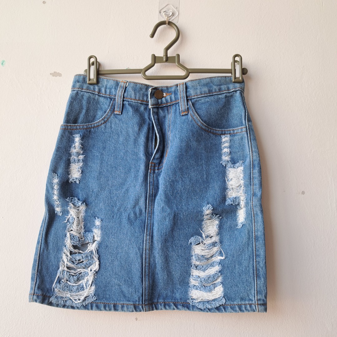 High Waisted Ripped Denim Skirt