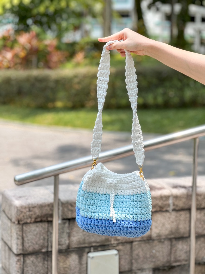 ADELAINE in Azzure 100 Handmade crochet bag Drawstring bucket crossbody daily bag Women s Fashion Bags Wallets Cross body Bags on Carousell