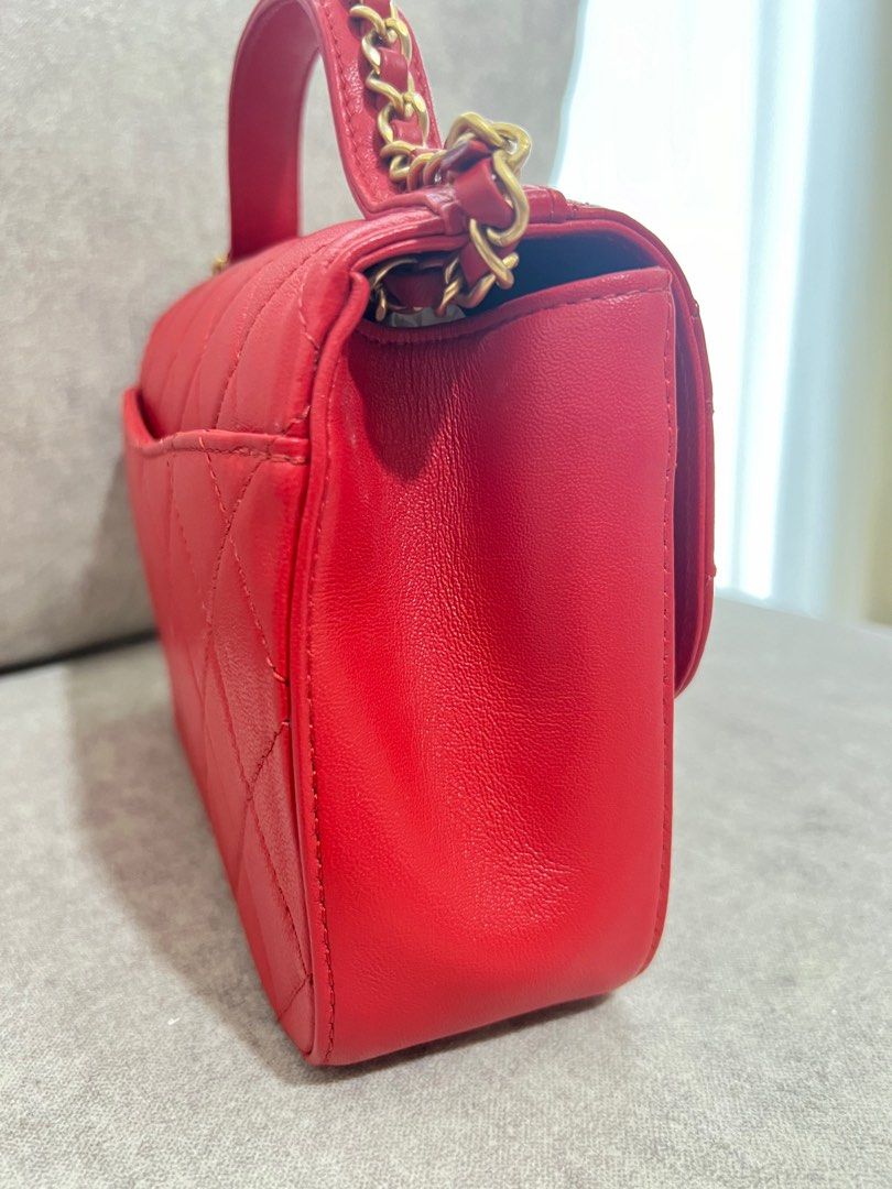 Authentic Chanel Red Infinity Top Handle Sling HandCarry Bag with Gold Chain