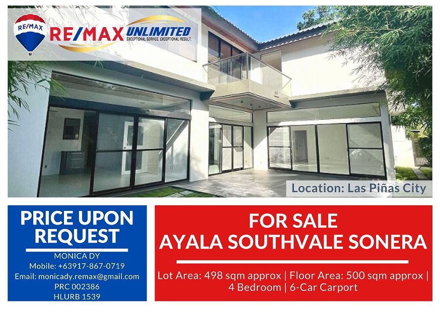 AYALA SOUTHVALE SONERA (Category: House & Lot) located in Makati City. Submitted by REMAXUNLIMITEDPH (Listing ID 1275949267, Image 1). Description: Ayala Southvale SONERA🏠 (Along Daang Hari across Ayala Alabang, Muntinlupa City) Lot area: 498 sqm Floor Area: 500 sqm approx 4 Bedrooms Plus Den Master’s bathroom with jacuzzi tub and walk-in closet 4 Toilet and bath Central Family Area Balconies 6-Car carport Den Spacious living and dining areas La