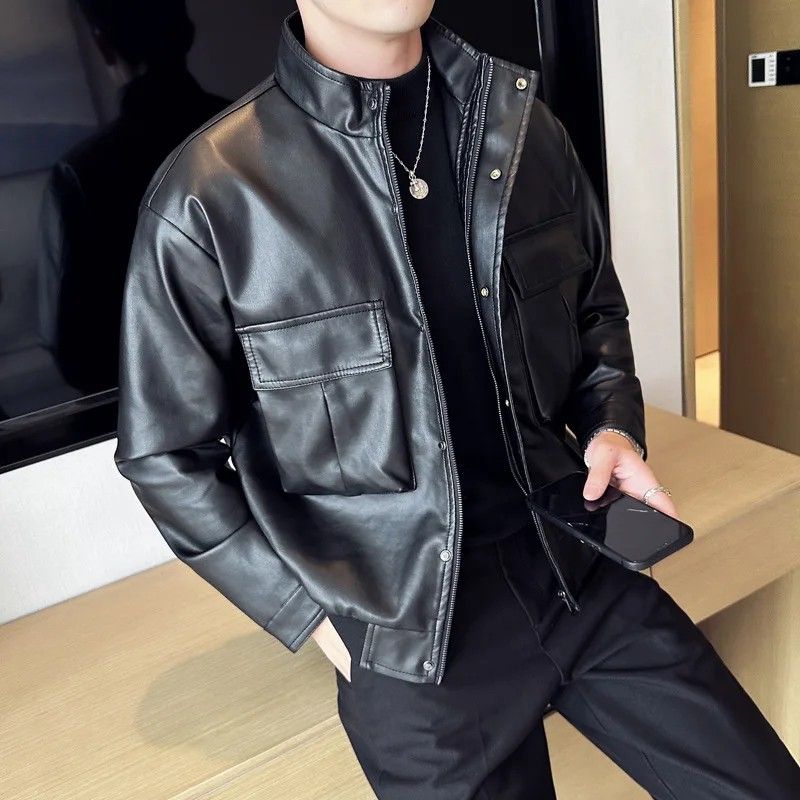 Black Jacket bomber pu leather jacket men size M 4XL