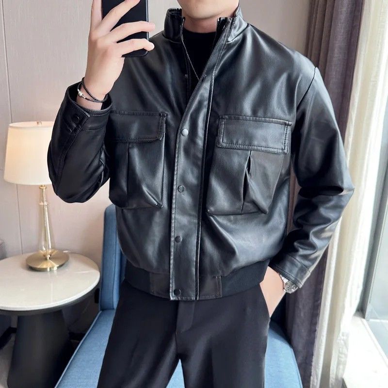 Black Jacket bomber pu leather jacket men size M 4XL Men s