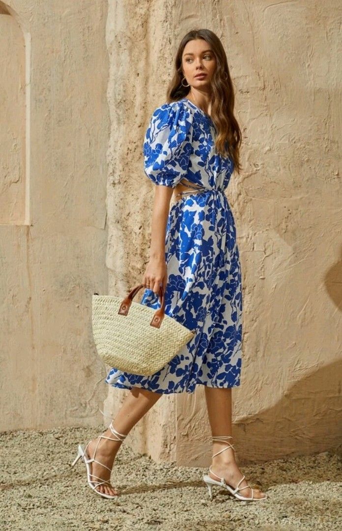 White and blue floral dress clearance