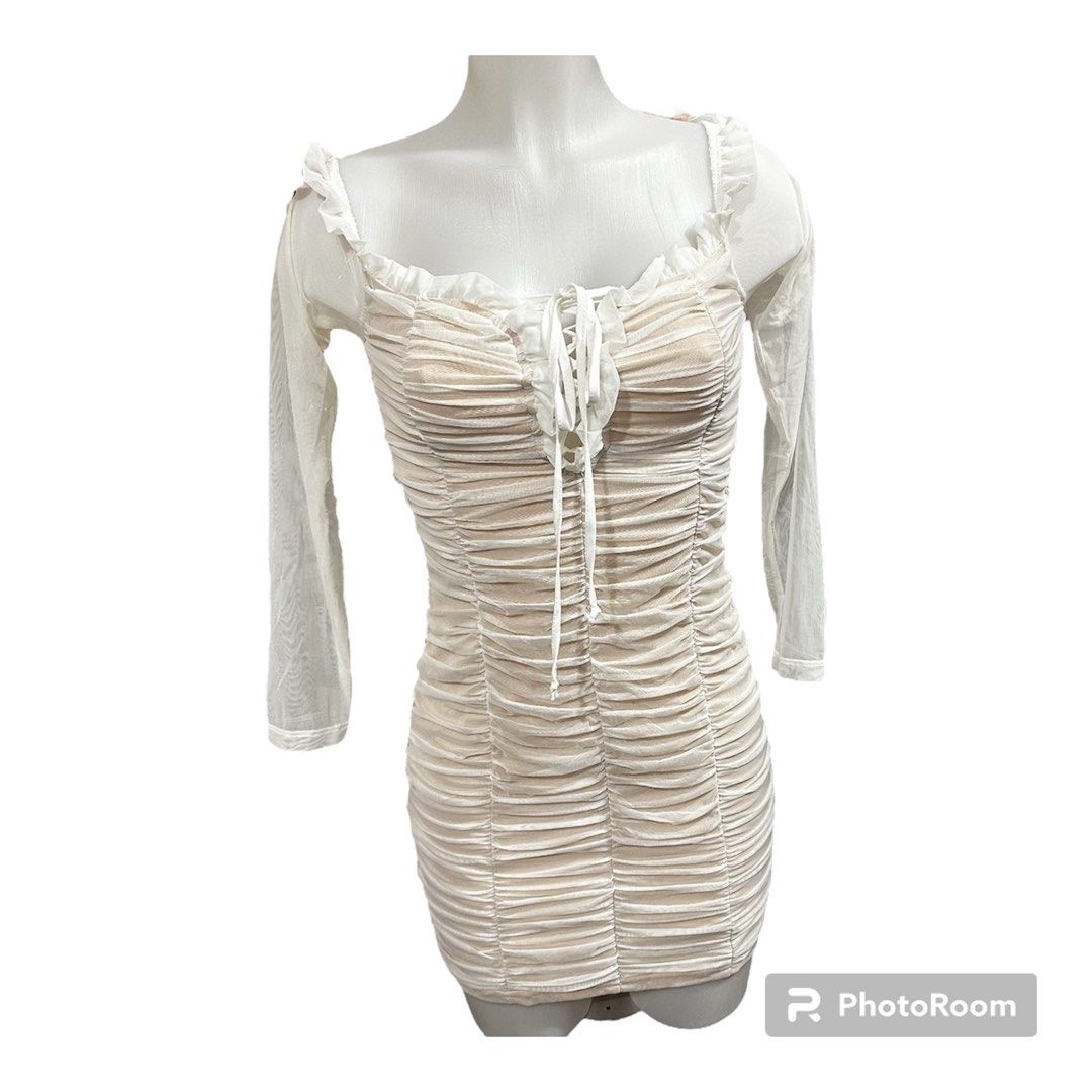 Brand new Fashion Nova Mesh White Ruched Off Shoulder Chiffon Sexy Dress  Party, Women's Fashion, Dresses & Sets, Dresses on Carousell