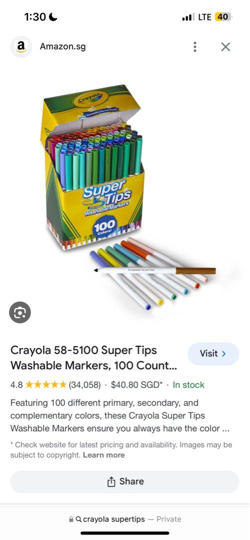 Crayola Super Tips Washable Markers - 100 Count, 100 Different