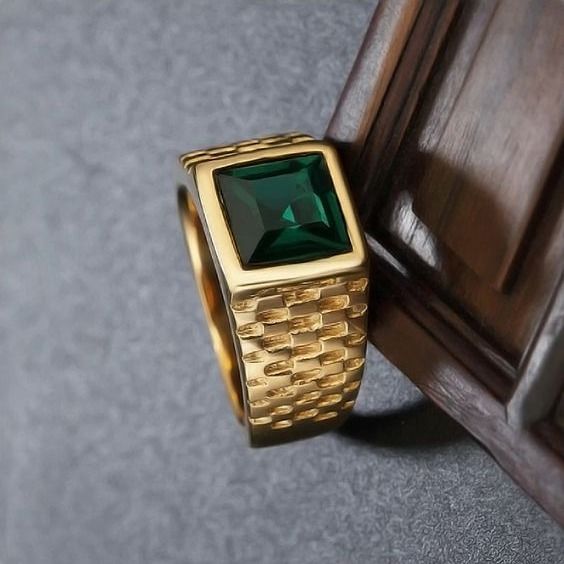 Mens gold ring deals with emerald stone